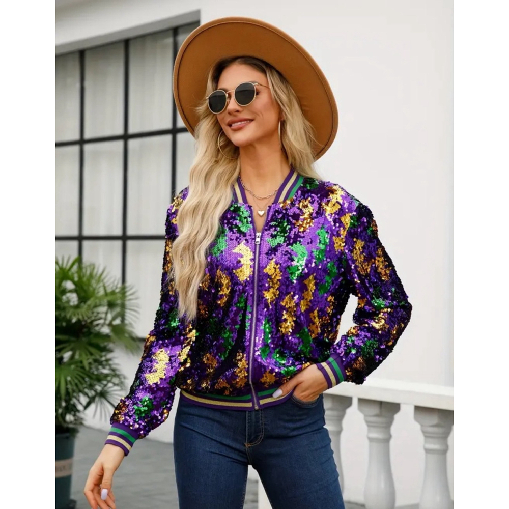 Mardi Gras Purple, Green and Gold Sequins Zip Up Jacket - Picture 2 of 7